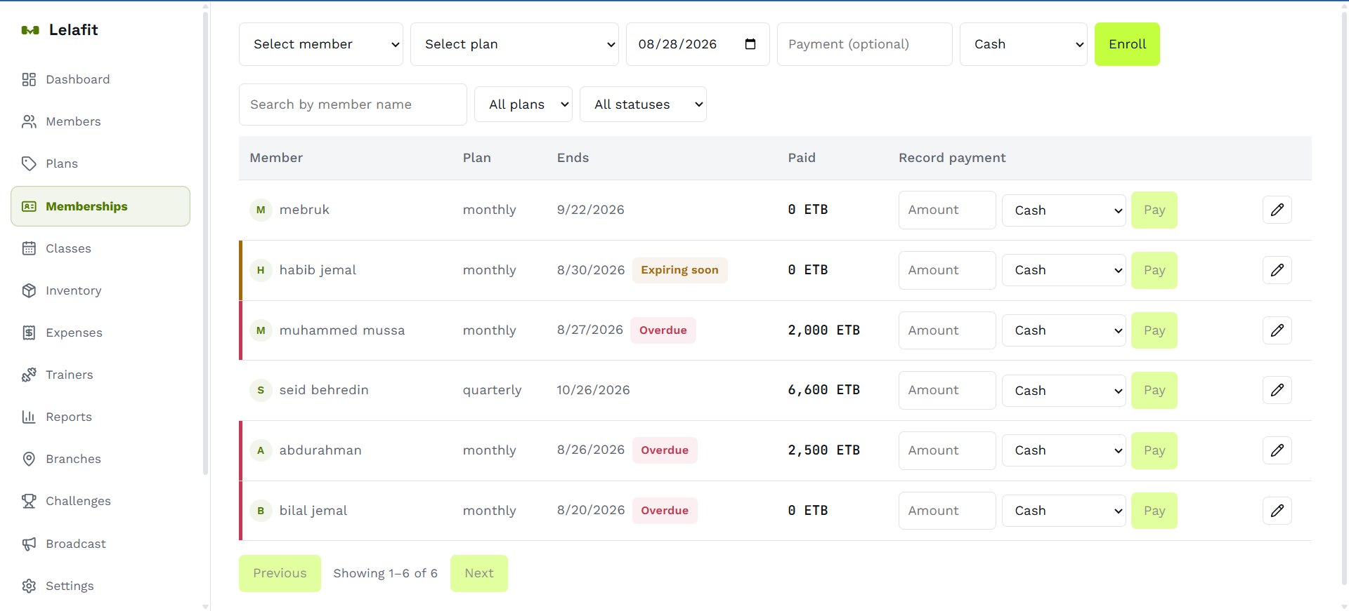 Lelafit Memberships tab showing enrollment and payment recording