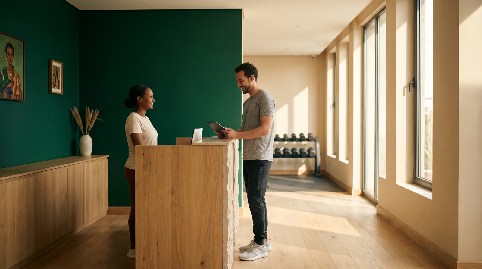 Front-desk staff checking in a gym member on a tablet